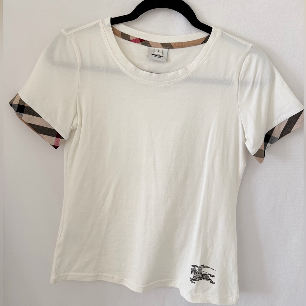 Burberry White Tee with Checkered Sleeves